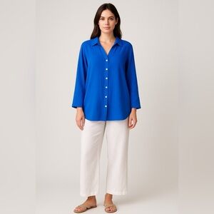 Soft Surroundings Blue Button-Up Tunic Top PL | Long Sleeve V-Neck Lagenlook